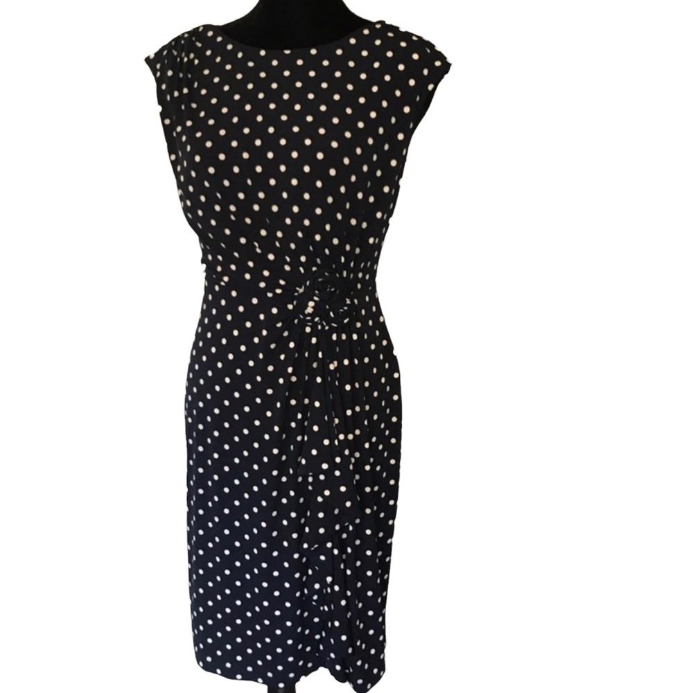 Connected Apparel Navy Polka Dot Stretch Dress Gathered Waist Size 6